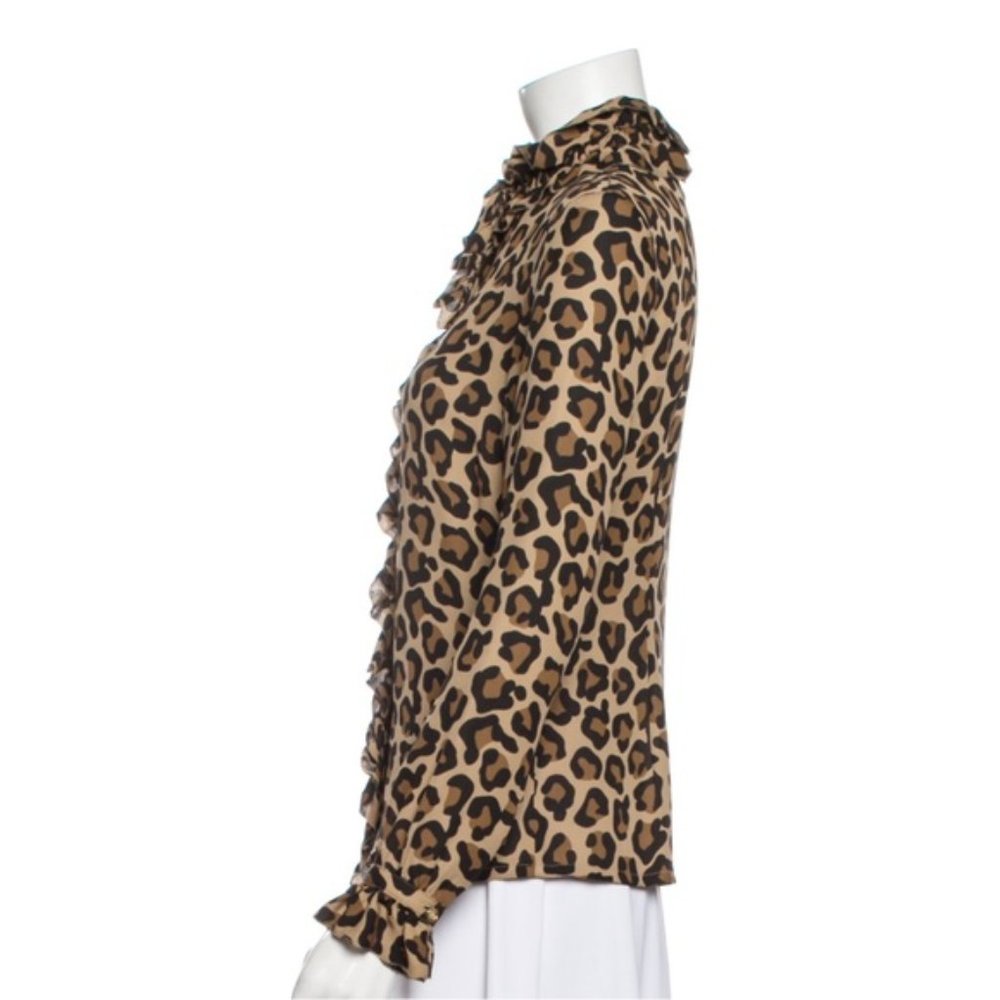 Tory Burch Leopard 100% Silk Ruffle Long Sleeve Blouse NWOT sz 6 - Picture 3 of 14